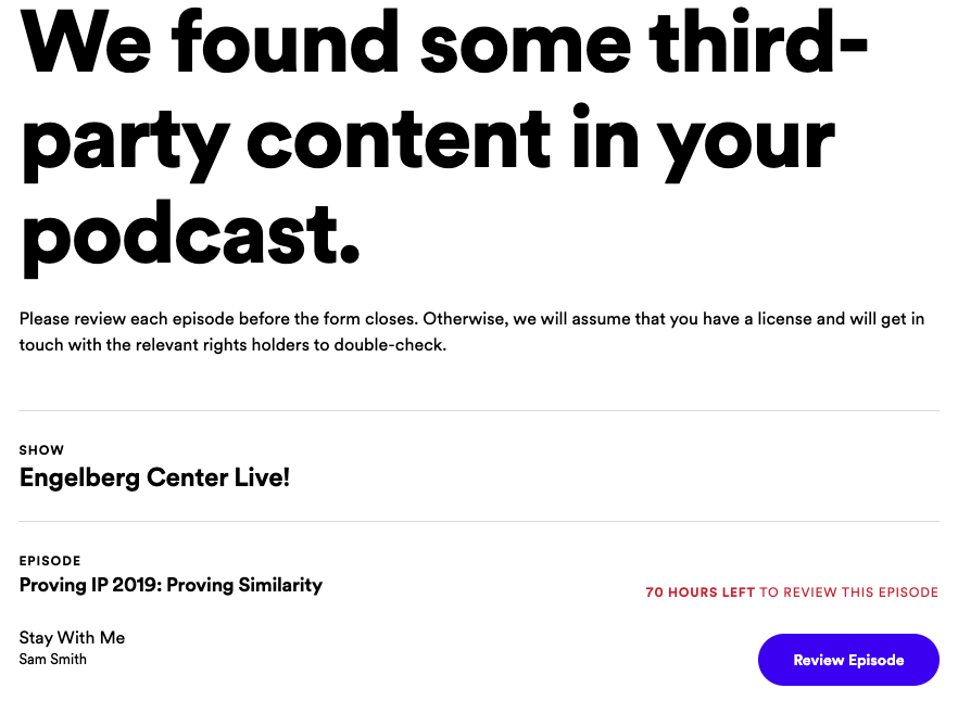 screeenshot from the Spotify alert page with the headline "We found some third-party content in your podcast"