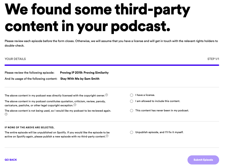 screeenshot from the Spotify alert page with the headline "We found some third-party content in your podcast" and information about challenging the accusation of infringement