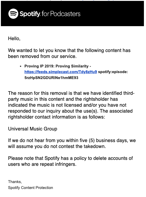 screeenshot from the Spotify alert email informing us that the episode has been removed from the service