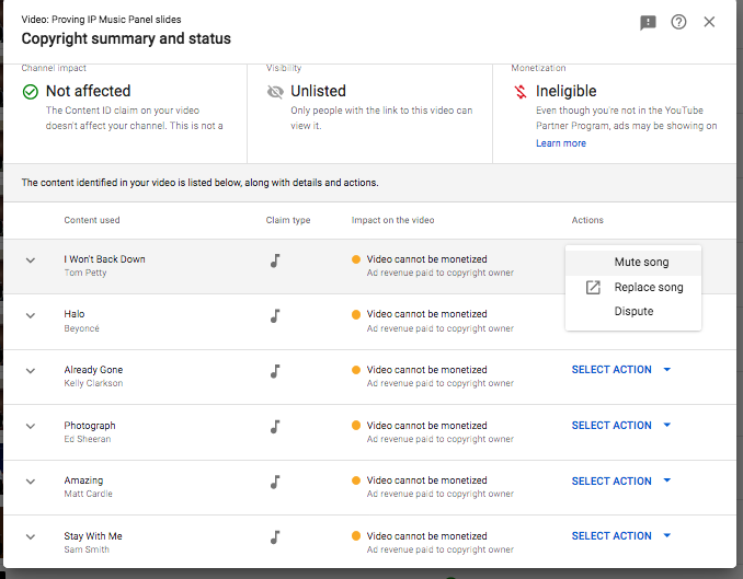 screenshot from the YouTube copyright summary and status page listing the songs included in the video