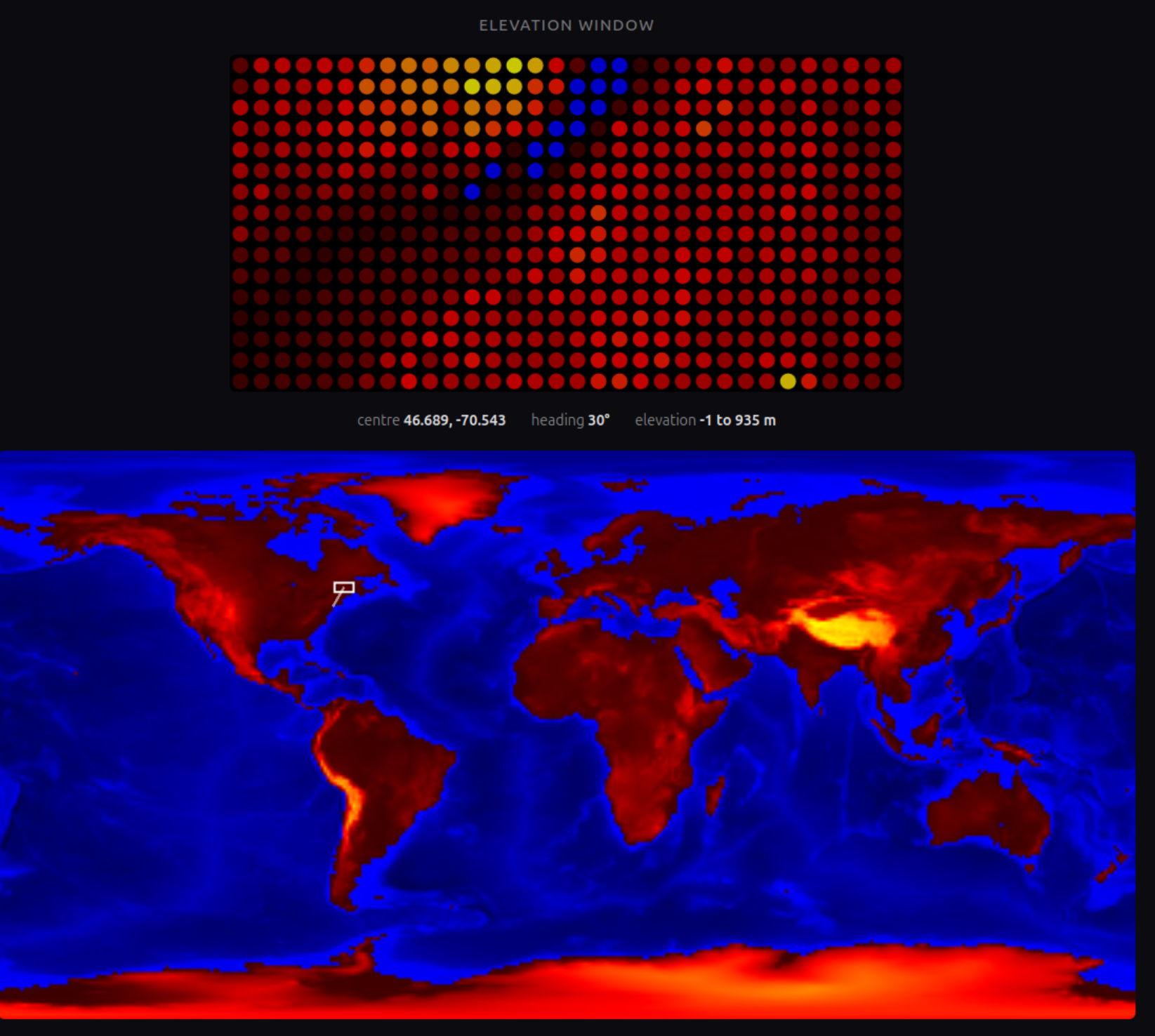 screenshot of website showing the elevation as displayed on the grid and an image of the earth with a box indicating that location